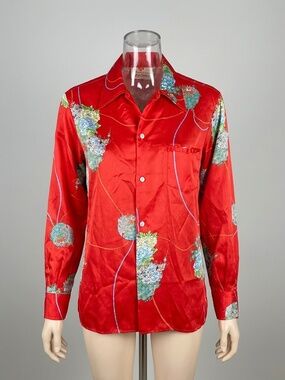 Vintage 70s Sears Hawaiian Blouse Red Floral Sheen Button Front